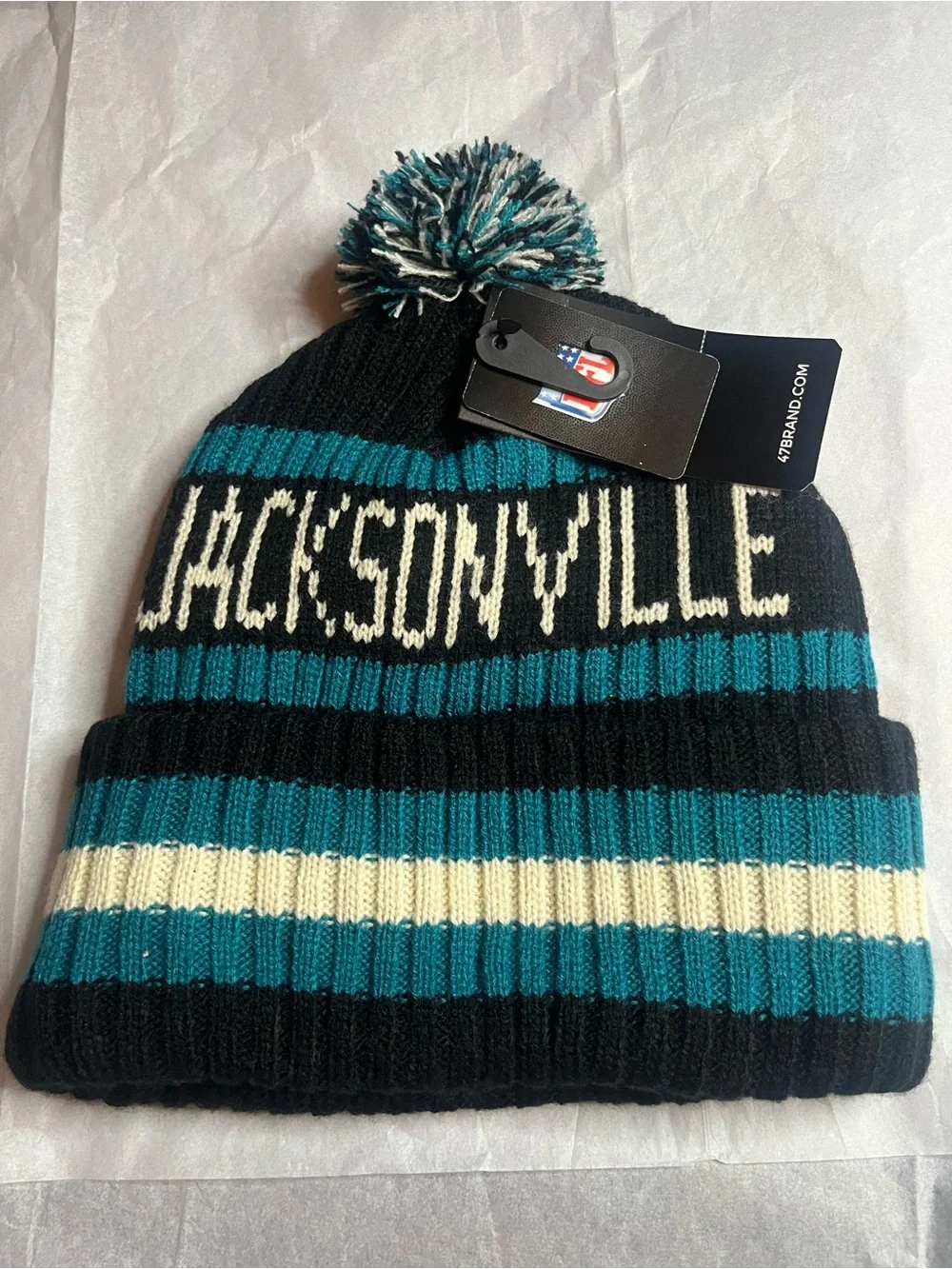 47 Jacksonville Jaguars Kids Knit Pom Beanie in Teal/Black/Cream